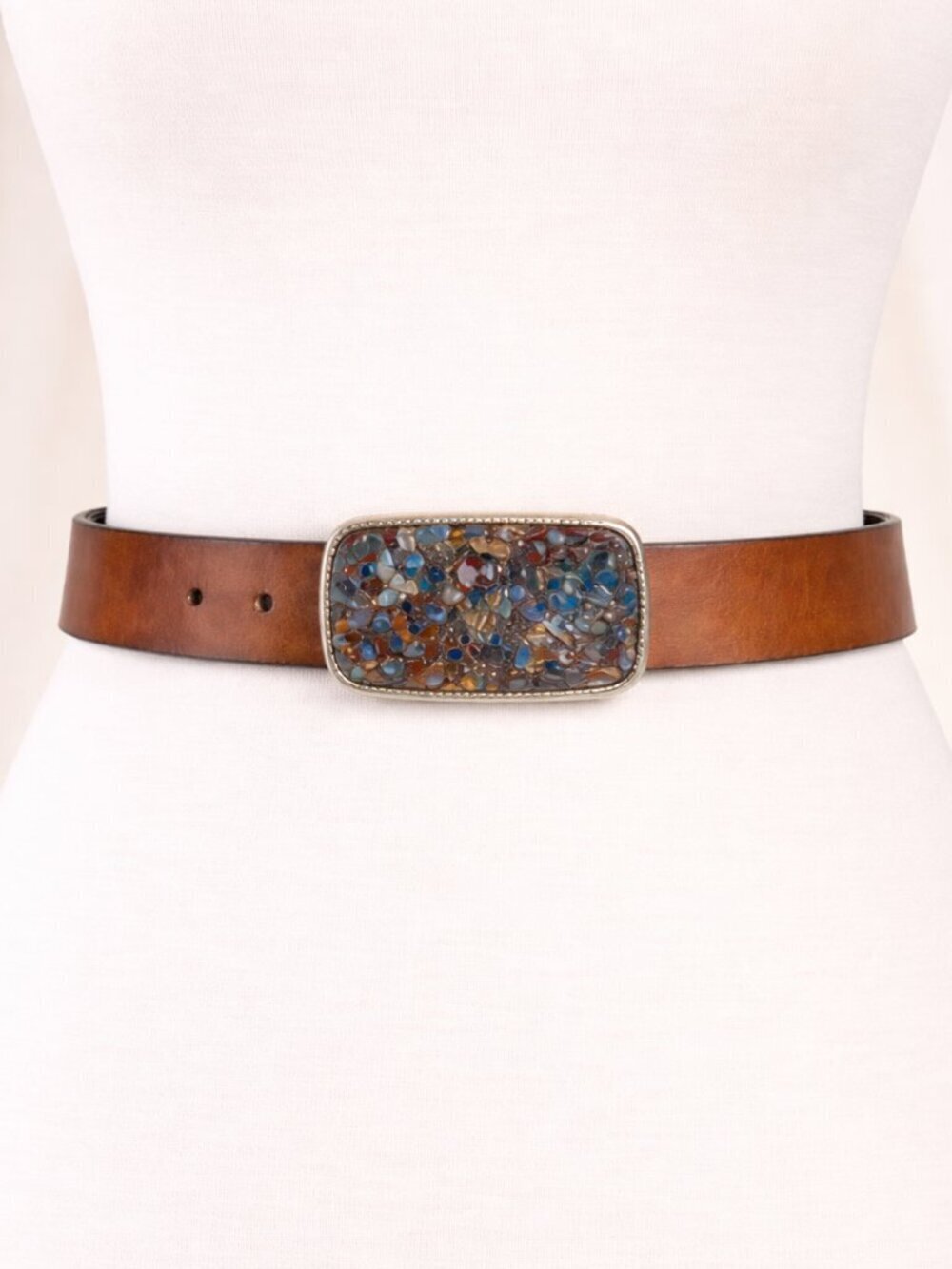 USA Made Stone Inlay Buckle Leather Belt Size 32 Brown 32-38 Western Boho